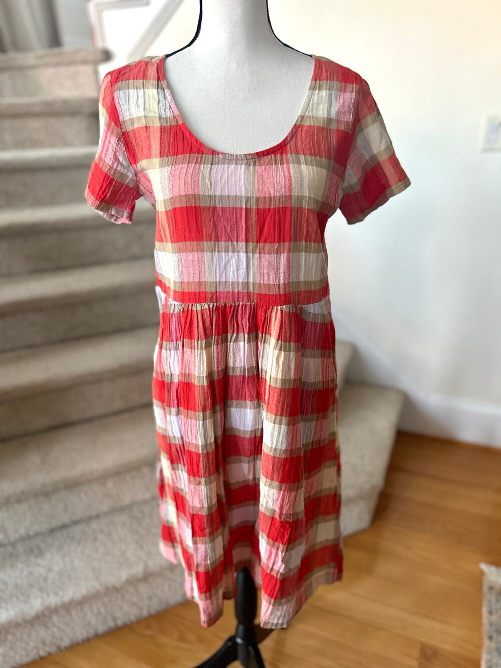 ace & jig Red & Cream Plaid Short Sleeve Cotton Crinkle Dress